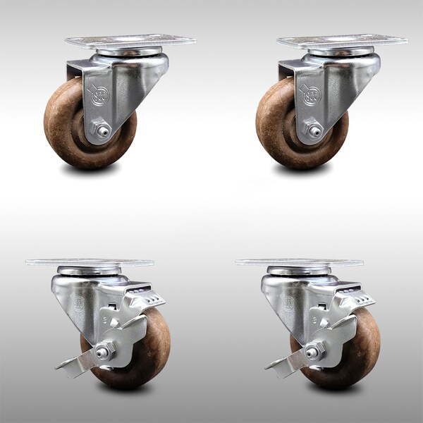 3.5 Inch SS High Temp Glass Filled Nylon Top Plate Caster Set with 2 Brakes SCC